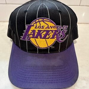 Los Angeles Lakers 90s Black Pinstripe Snapback Hat - Purple Brim
